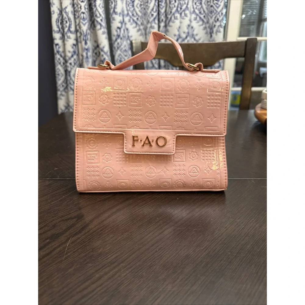 FAO Schwarz Pink Patent Embossed Monogram Top‎ Handle Handbag Gold Logo Bag